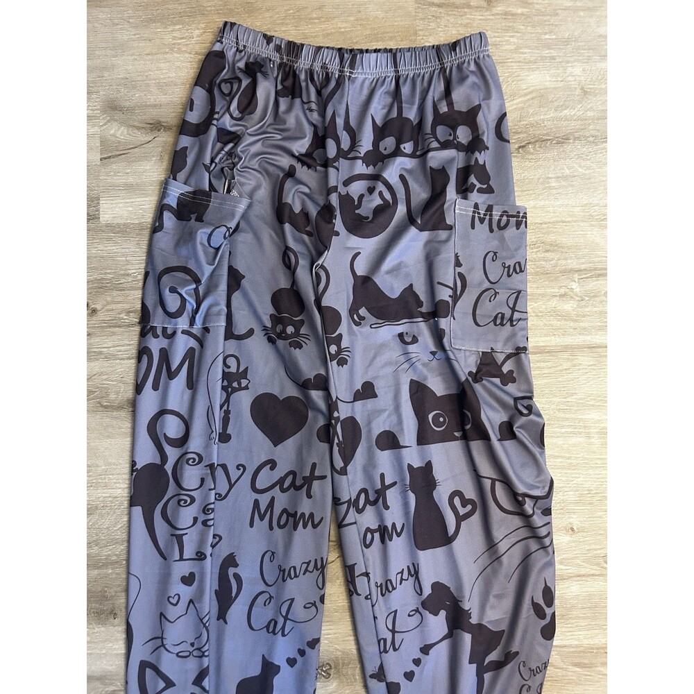 Cat Mom Lounge Pants Gray Black Print Stretch Casual Pants Front Pocket Sz L EUC - Picture 9 of 16